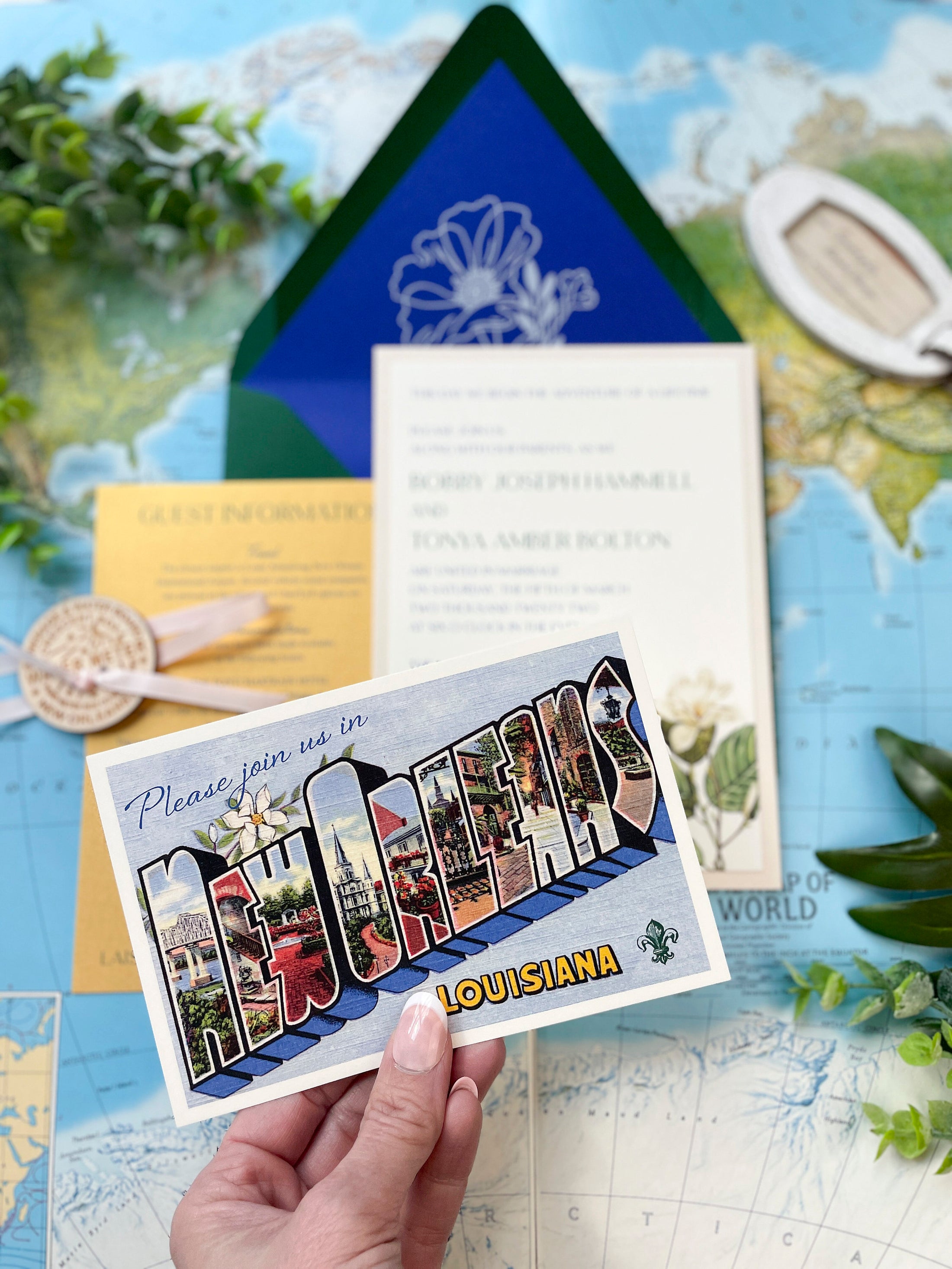 New Orleans Vintage Postcard Travel Wedding Invitation (French Quarter)