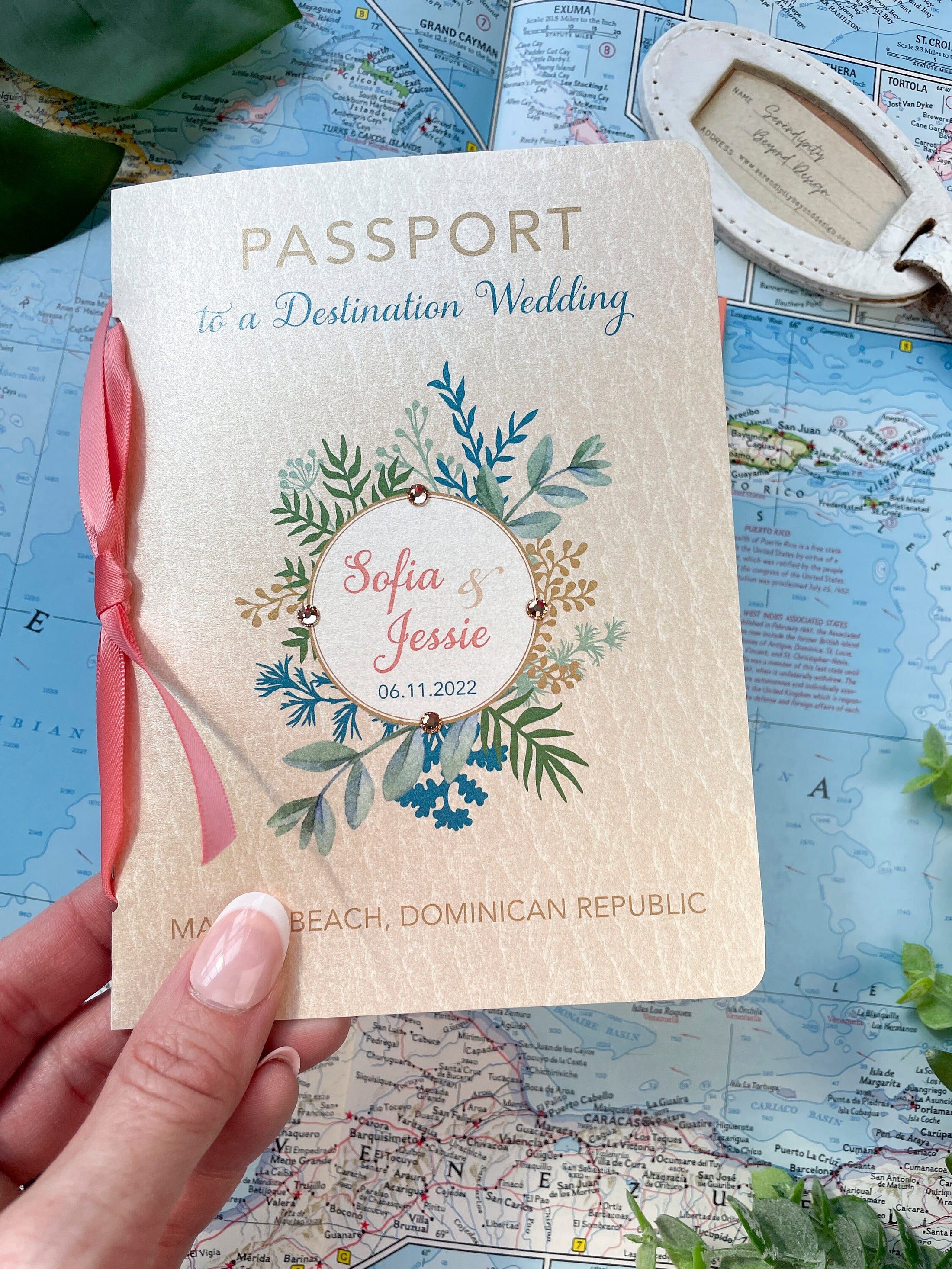 Coral and Crystals Passport Wedding Invitation (Dominican Republic)