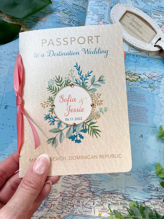 Coral and Crystals Passport Wedding Invitation (Dominican Republic)