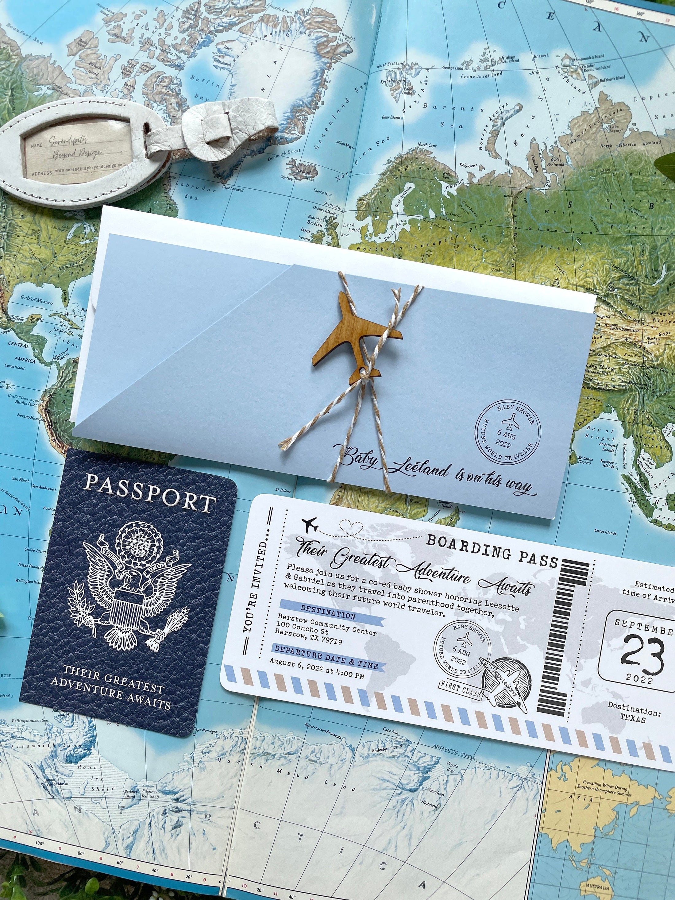 Vintage Air Mail Baby Shower Invitation with Passport Insert (Blue)