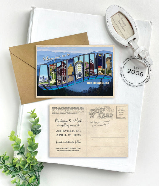 Save the Date - Asheville - Vintage Large Letter Postcard (North Carolina)