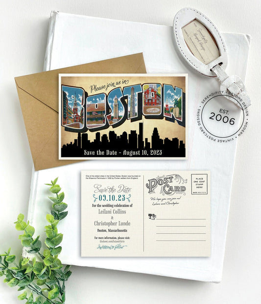 Save the Date - Boston, Massachusetts - Vintage Large Letter Postcard