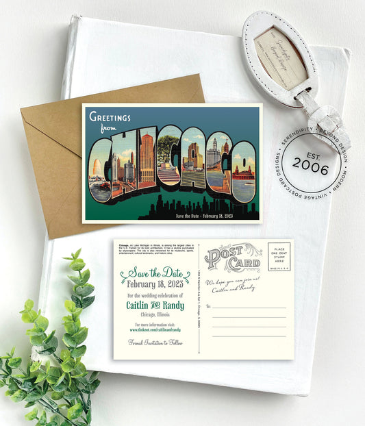 Save the Date - Chicago, Illinois -  Vintage Large Letter Postcard
