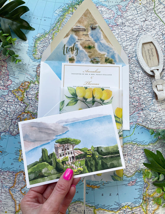 Lemon and Watercolor Vellum Wedding Invitation (Ravello, Italy)