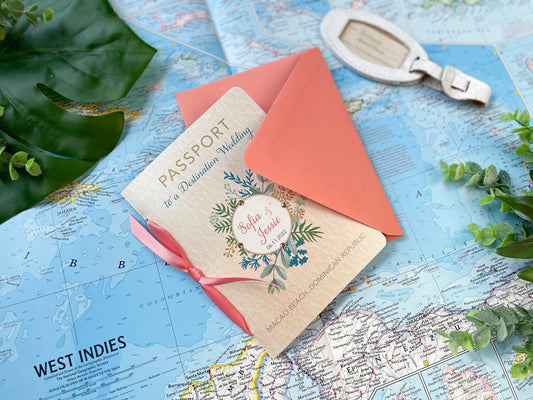 Coral and Crystals Passport Wedding Invitation (Dominican Republic)