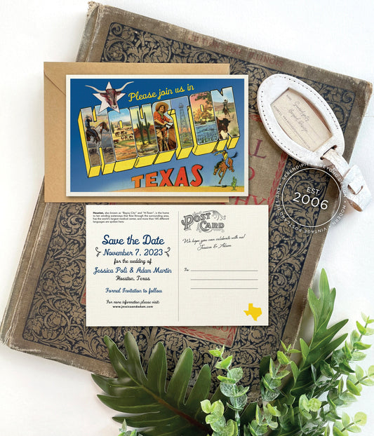 Save the Date - Houston, Texas - Vintage Large Letter Postcard