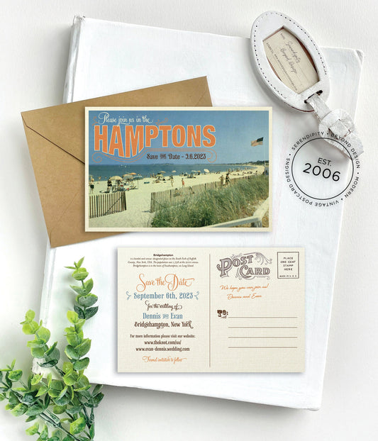 Save the Date - Hamptons, New York - Vintage Travel Postcard