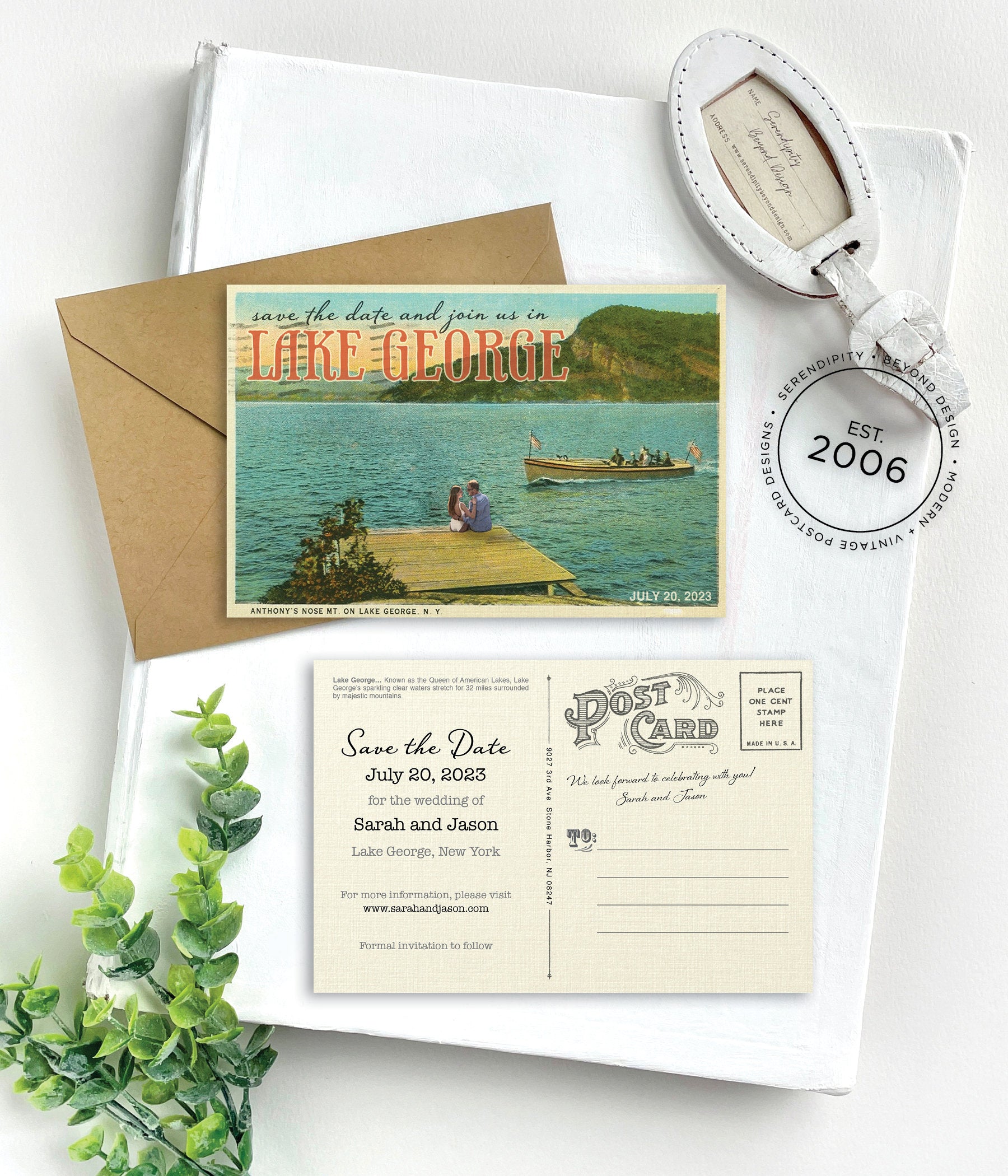Save the Date - Lake George - Couple Photo - Vintage Travel (New York)
