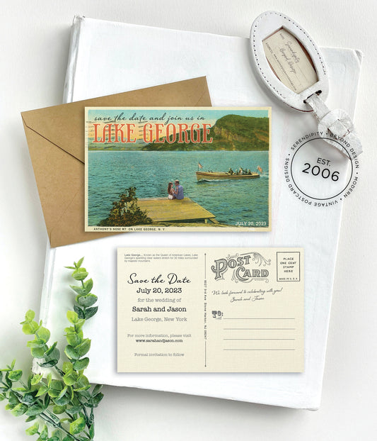 Save the Date - Lake George - Couple Photo - Vintage Travel (New York)