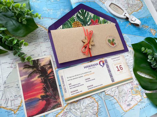 Retro Hawaiian Airlines Boarding Pass Wedding Invitation (Kauai, HI)
