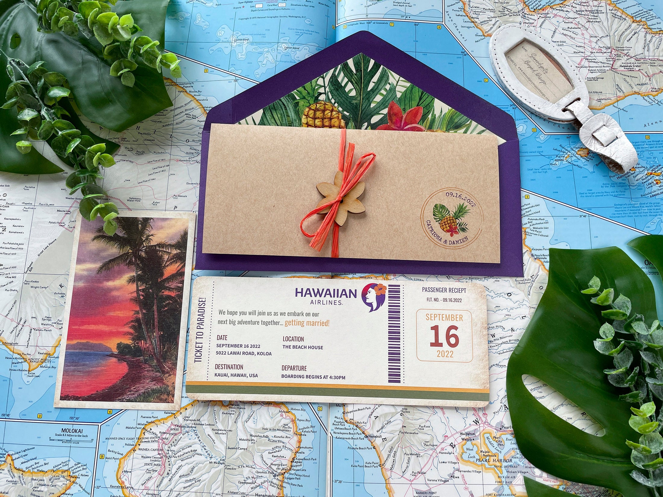 Retro Hawaiian Airlines Boarding Pass Wedding Invitation (Kauai, HI)