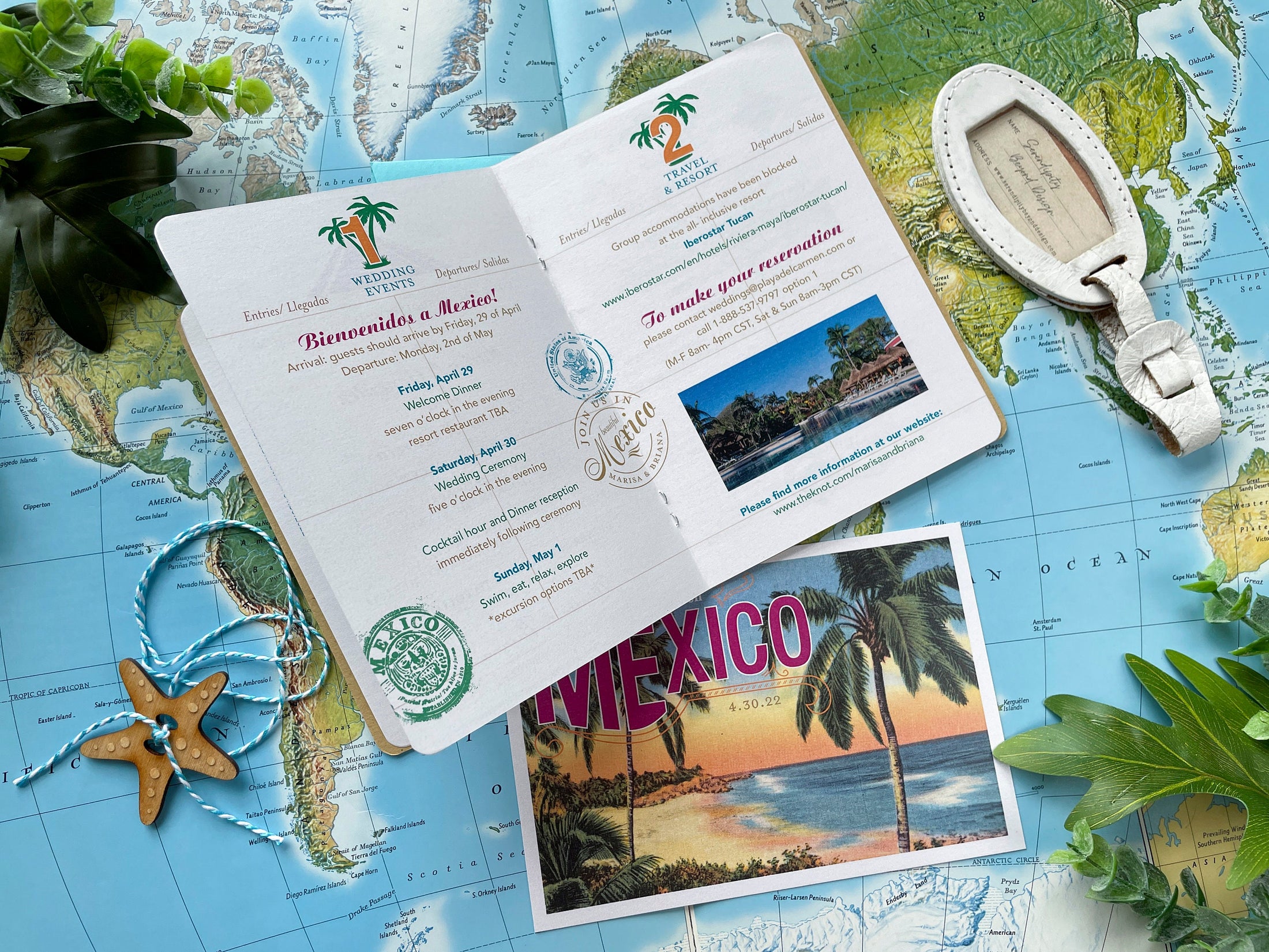 Boho Passport Destination Wedding Invitation (Playa del Carmen - Mexico)