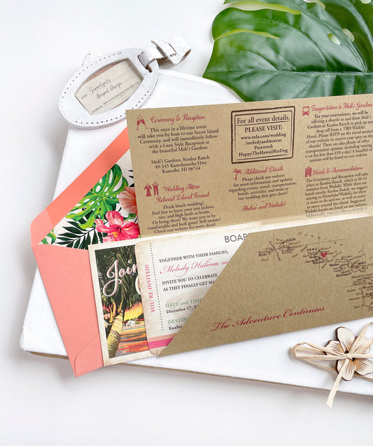 Retro Floral Boarding Pass Wedding Invitation (Oahu, HI)