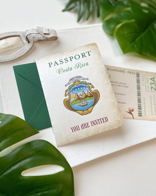 Vintage Crest Passport Wedding Invitation (Playa Mantas, Costa Rica)