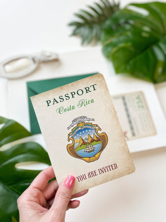 Vintage Crest Passport Wedding Invitation (Playa Mantas, Costa Rica)