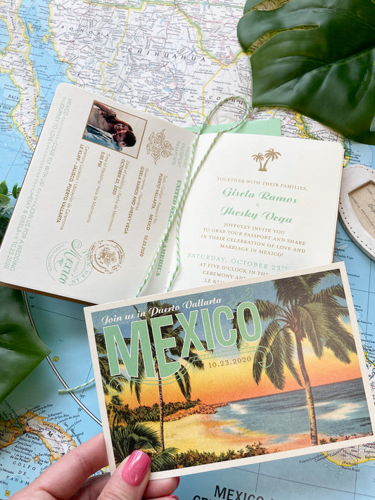 Vintage Passport Destination Wedding Invitation (Puerto, Vallarta - Mexico)