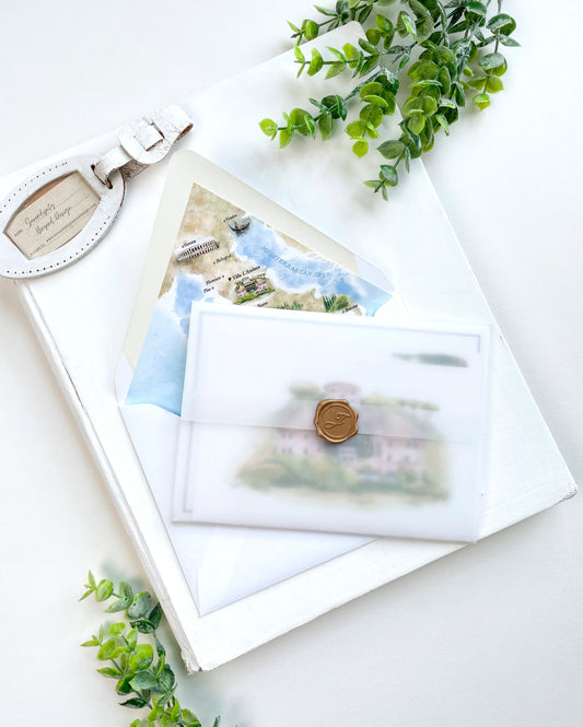 Elegant Wax Seal Watercolor and Vellum Invite (Tuscany, Italy)