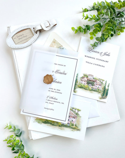 Elegant Wax Seal Watercolor and Vellum Invite (Tuscany, Italy)