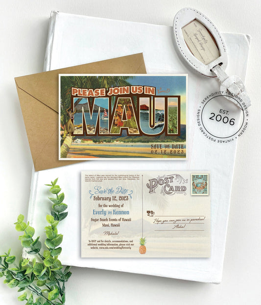 Save the Date - Maui, Hawaii - Vintage Travel Postcard