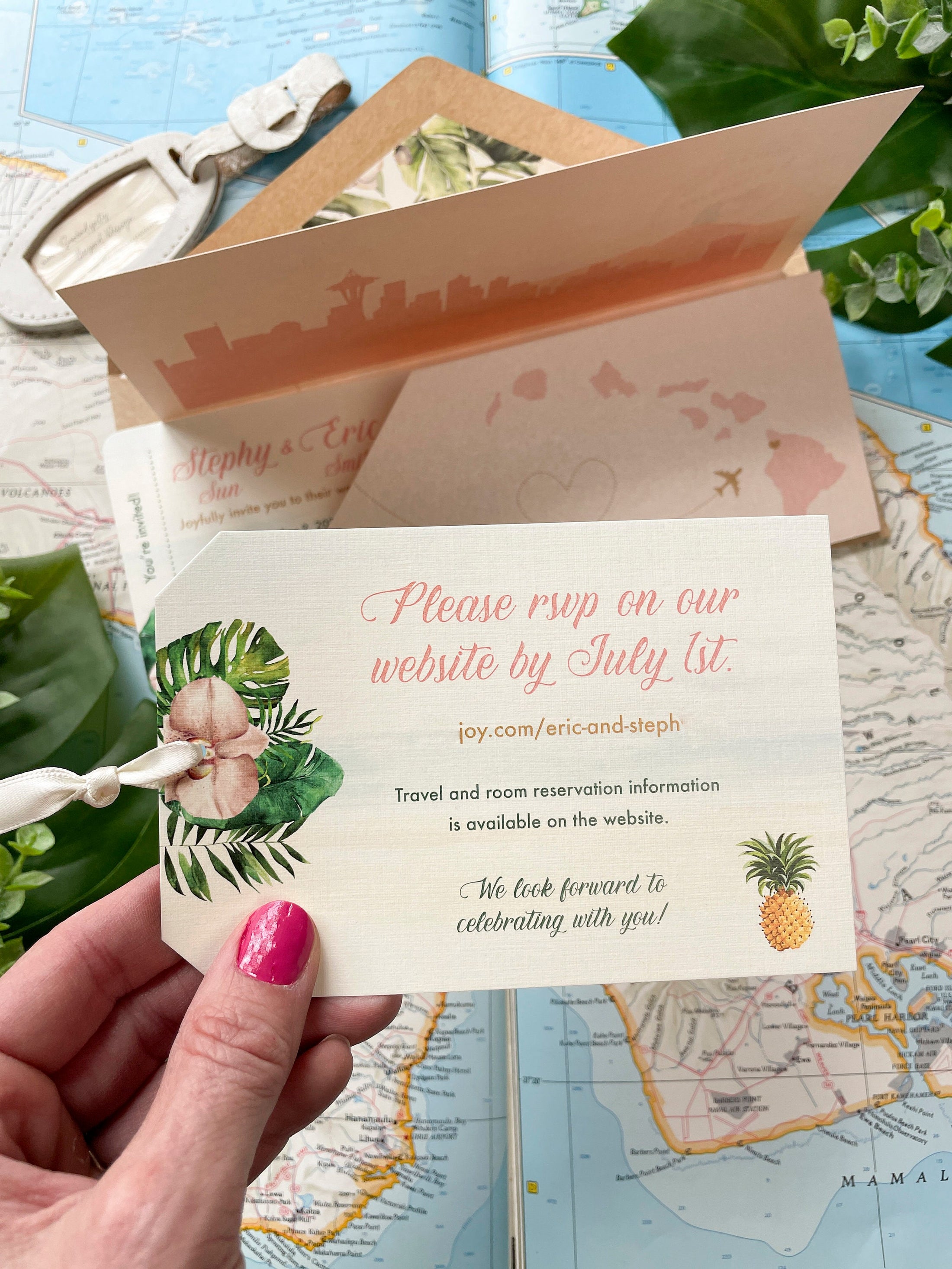 Elegant Orchid Boarding Pass Wedding Invitation (Waimea, HI)