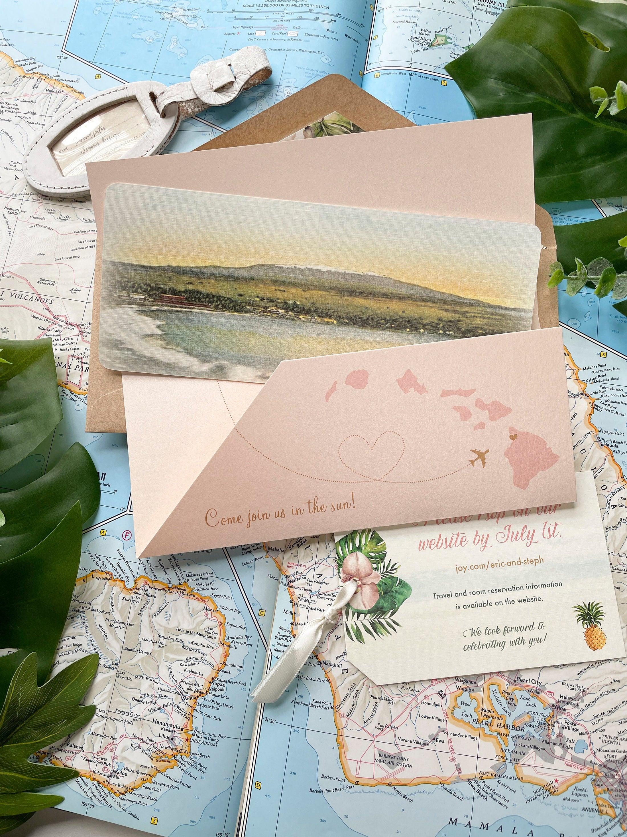 Elegant Orchid Boarding Pass Wedding Invitation (Waimea, HI)