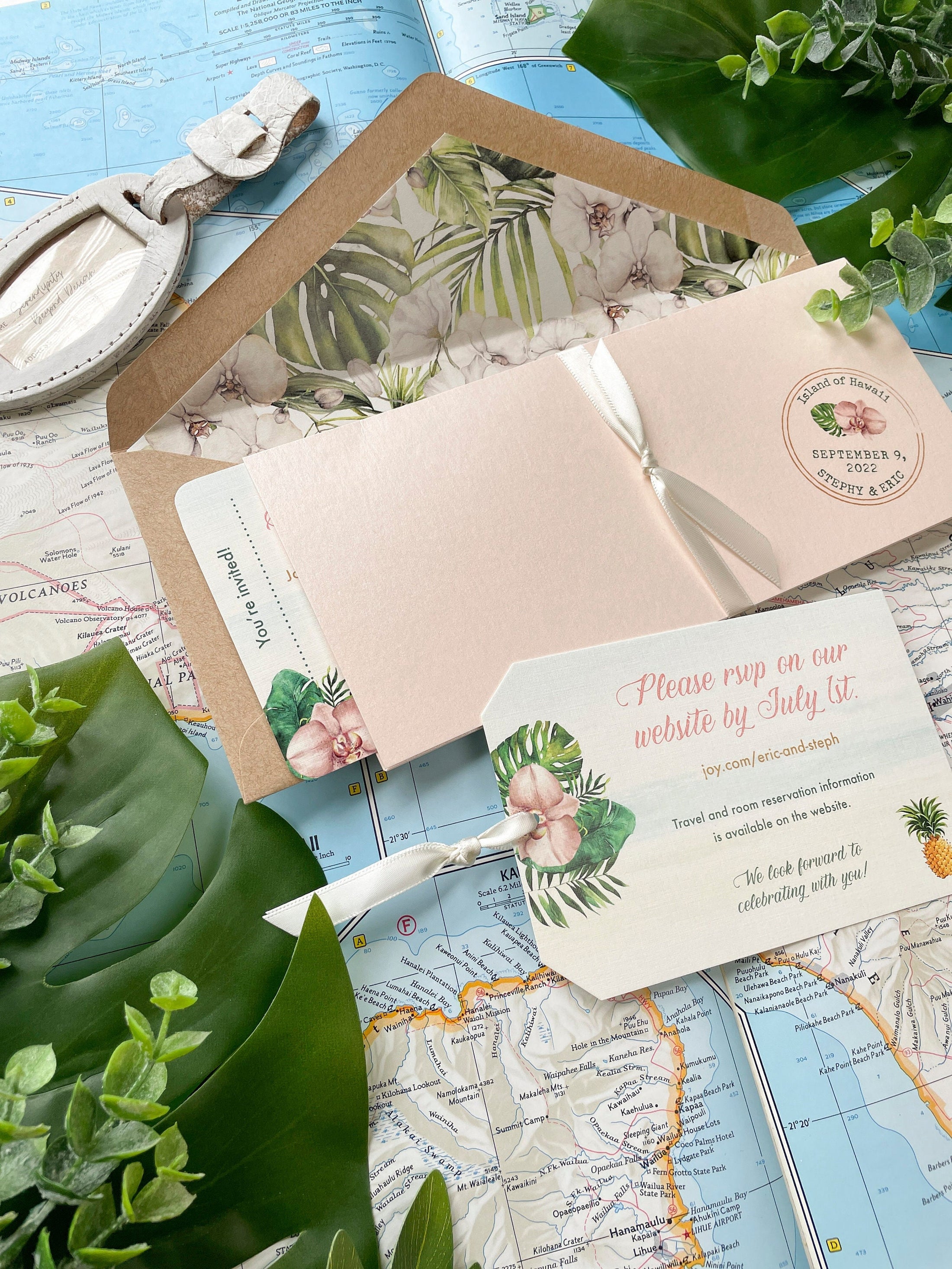 Elegant Orchid Boarding Pass Wedding Invitation (Waimea, HI)