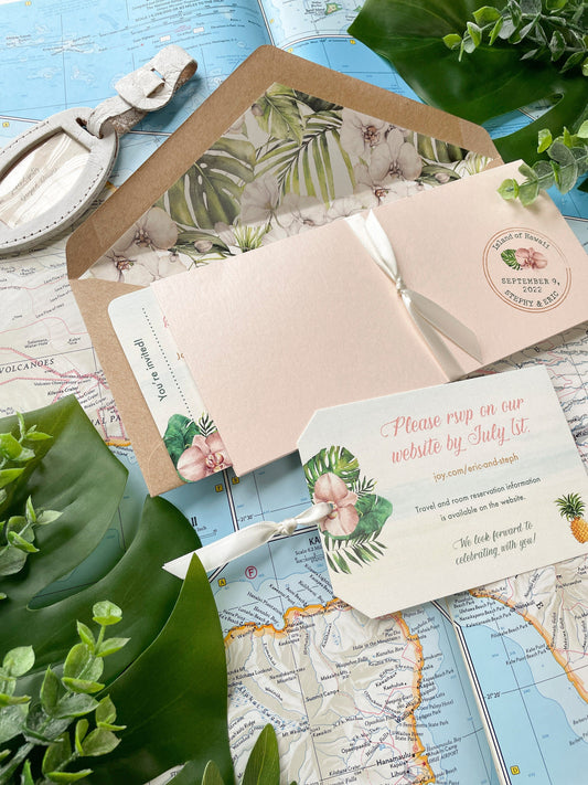 Elegant Orchid Boarding Pass Wedding Invitation (Waimea, HI)