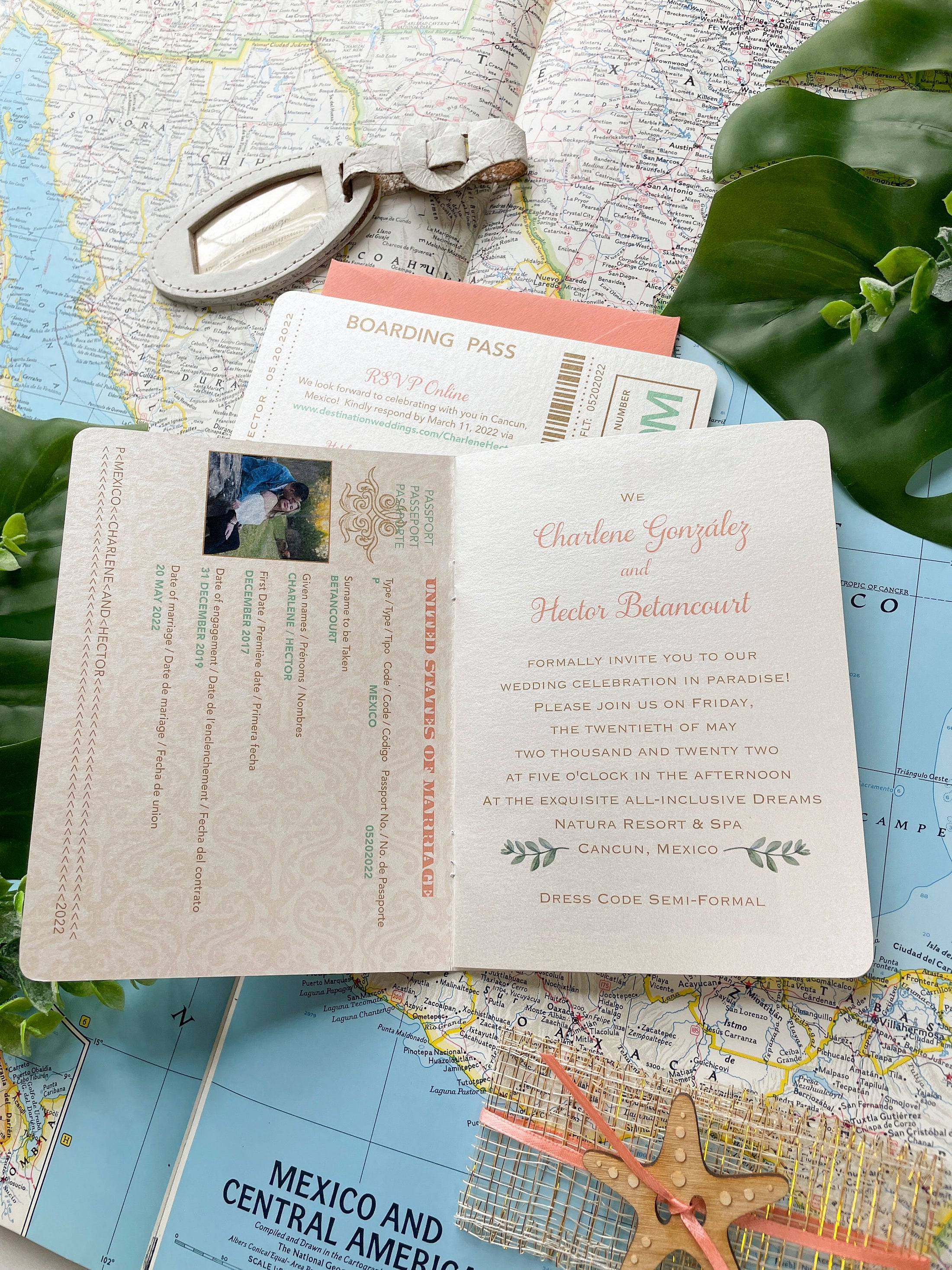 Coral Starfish Passport Wedding Invitation (Cancun, Mexico)