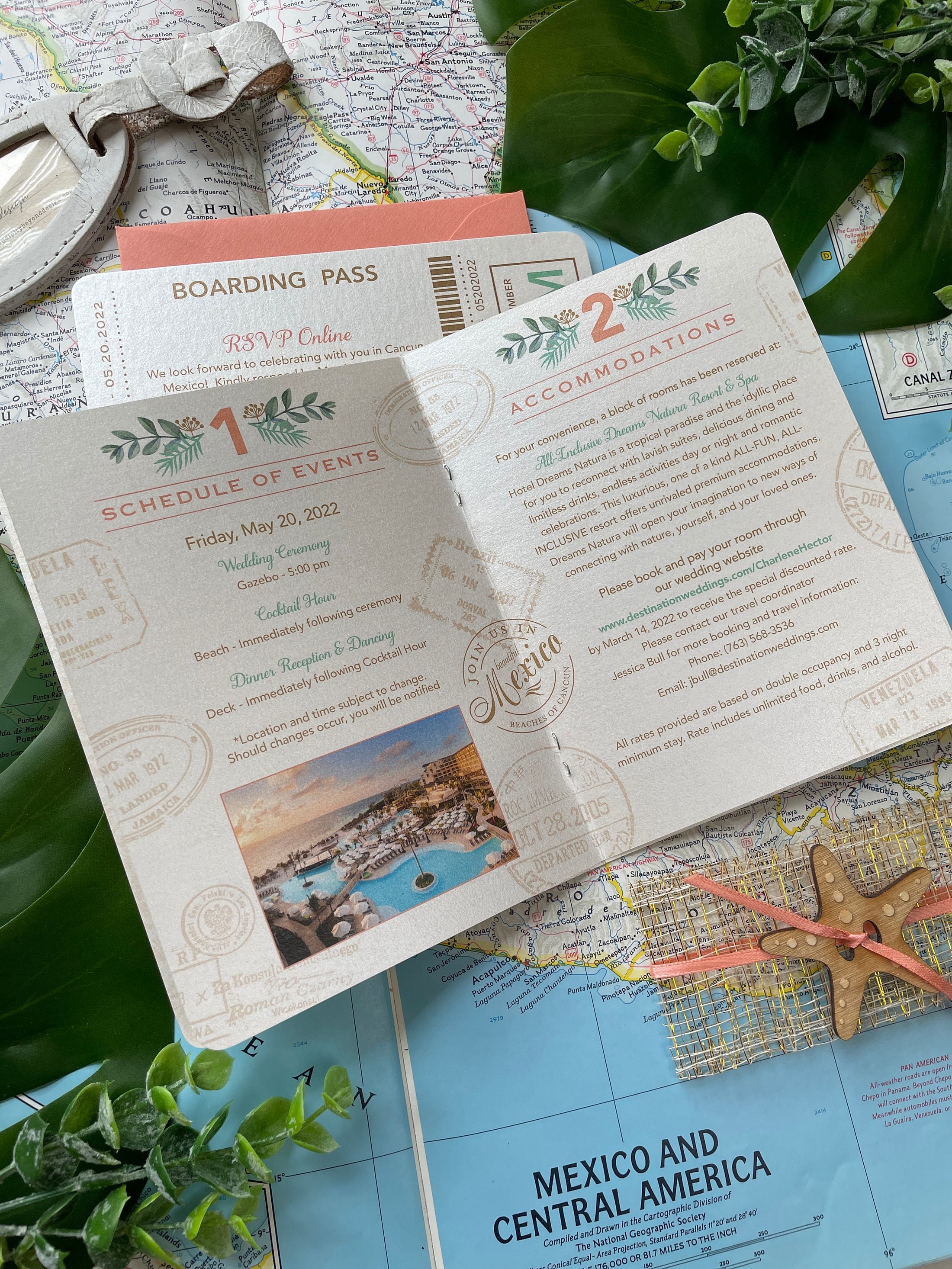 Coral Starfish Passport Wedding Invitation (Cancun, Mexico)