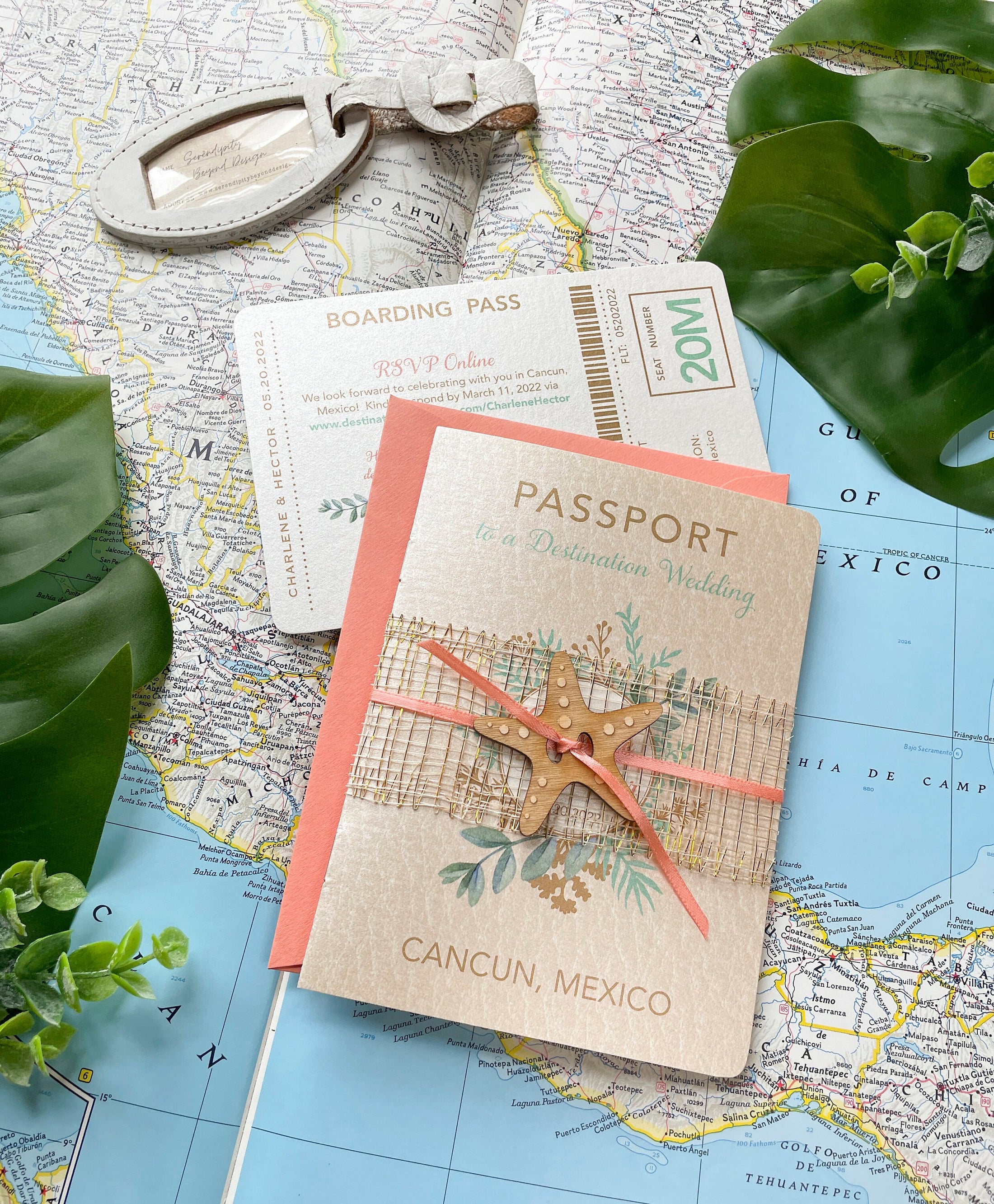 Coral Starfish Passport Wedding Invitation (Cancun, Mexico)