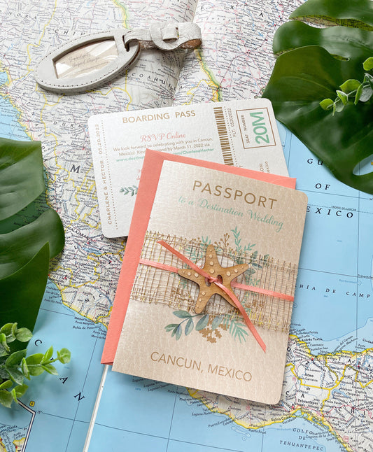 Coral Starfish Passport Wedding Invitation (Cancun, Mexico)