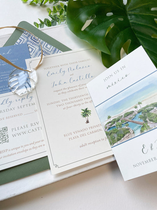 Watercolor Travel Brochure Wedding Invitation (Tulum, Mexico)