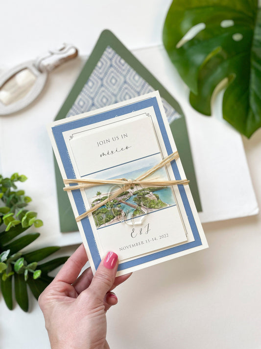 Watercolor Travel Brochure Wedding Invitation (Tulum, Mexico)