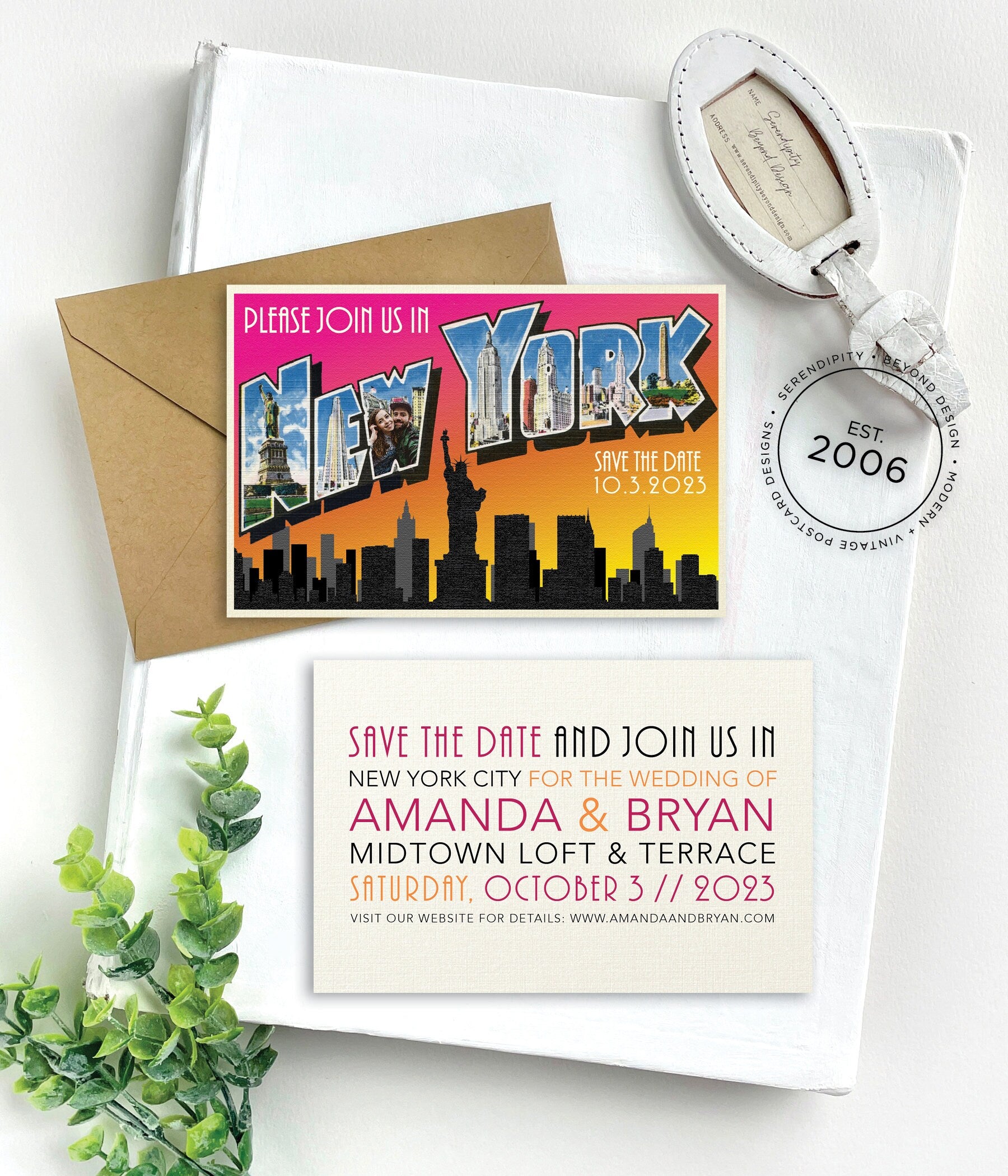 Save the Date - New York Skyline - Vintage Large Letter Postcard