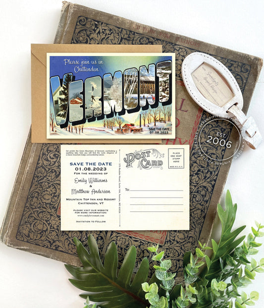 Save the Date - Winter in Vermont - Vintage Large Letter Postcard
