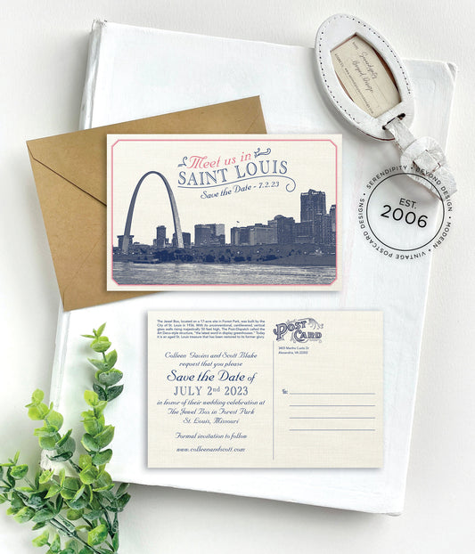 Save the Date - St. Louis, Missouri - Vintage Skyline Postcard