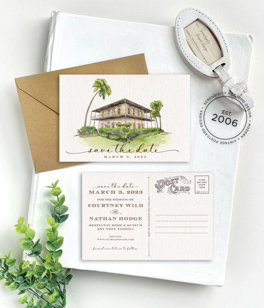 Save the Date - Hemingway Home, Key West Florida - Watercolor Postcard