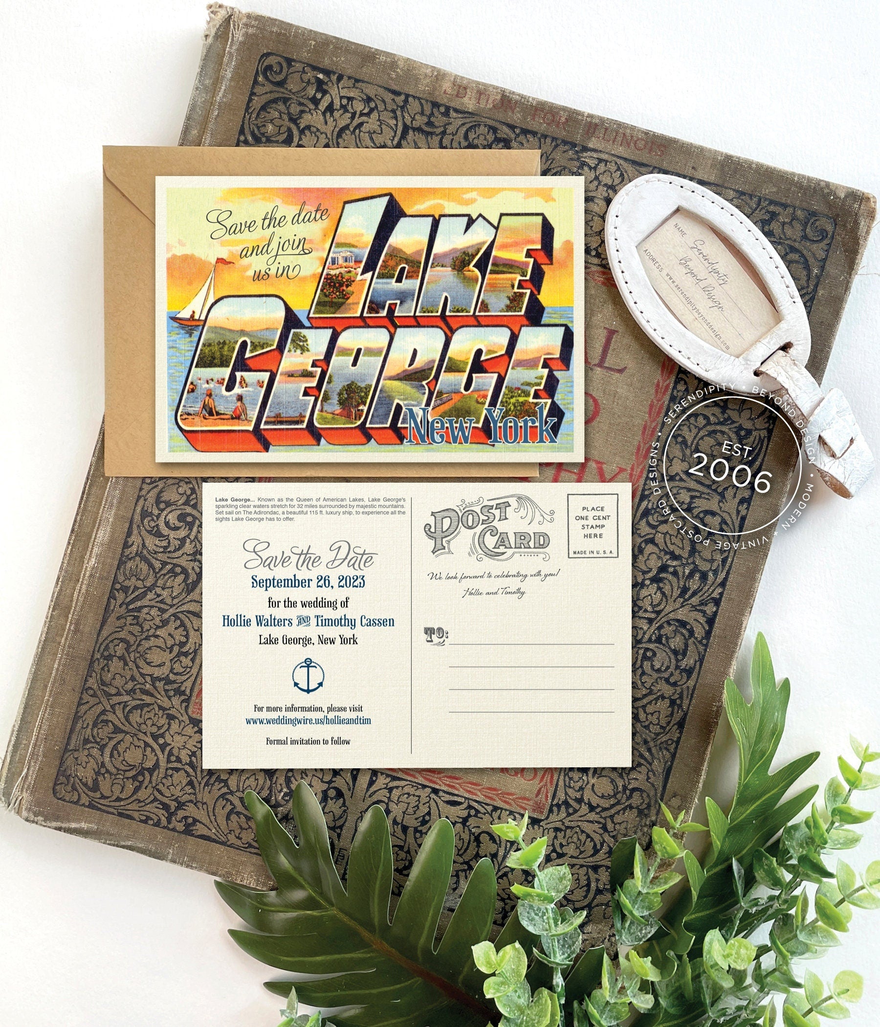 Save the Date - Lake George, New York - Vintage Large Letter Postcard