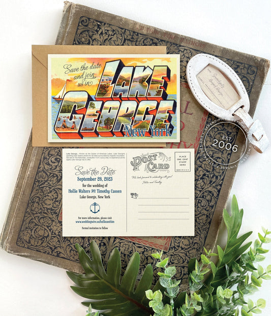 Save the Date - Lake George, New York - Vintage Large Letter Postcard
