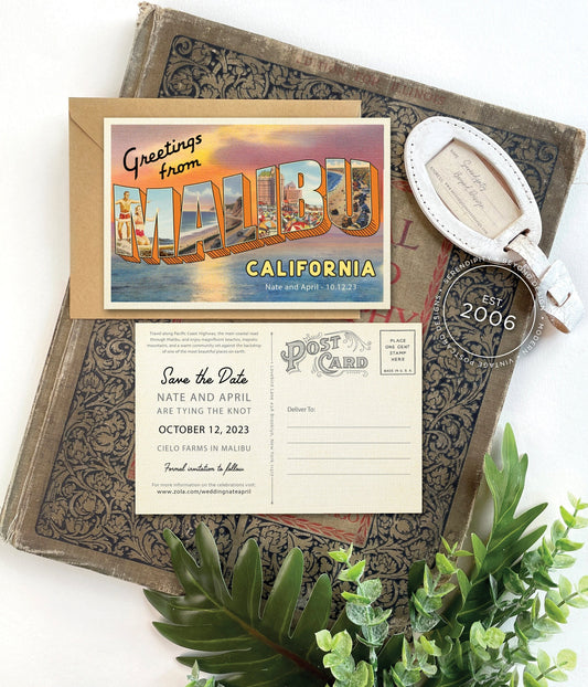 Save the Date - Greetings from Malibu, California -  Vintage Large Letter Postcard