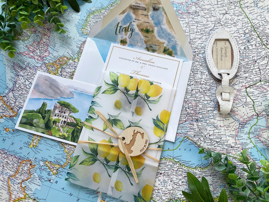 Lemon and Watercolor Vellum Wedding Invitation (Ravello, Italy)