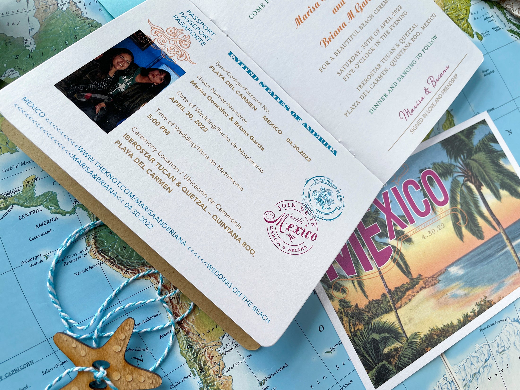 Boho Passport Destination Wedding Invitation (Playa del Carmen - Mexico)