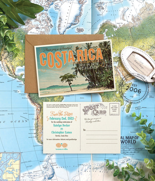 Save the Date - Costa Rica - Vintage Tropical Postcard