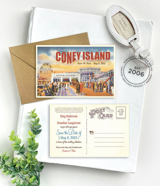 Save the Date - Coney Island - Vintage Travel Postcard (Brooklyn, New York)