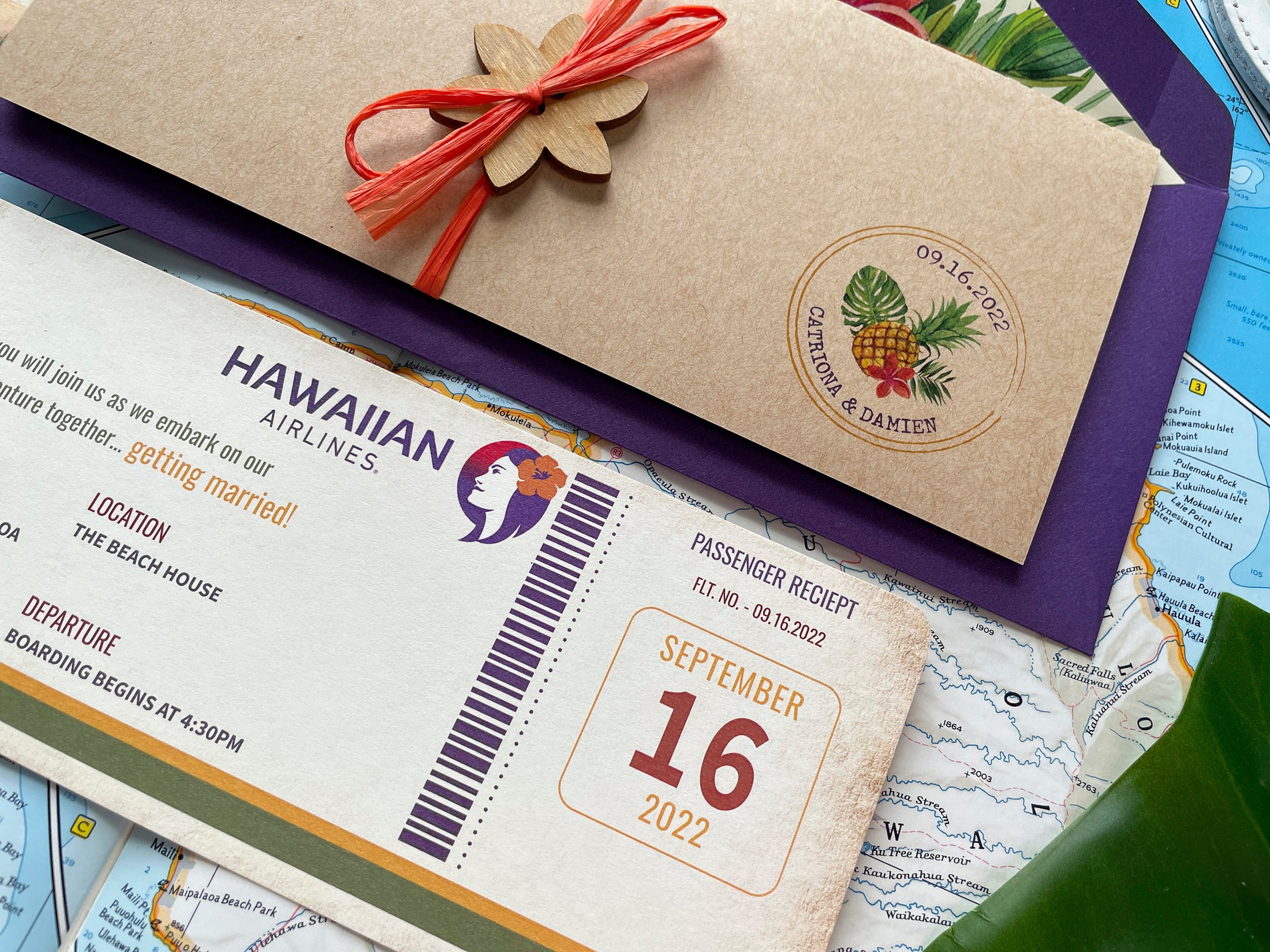 Retro Hawaiian Airlines Boarding Pass Wedding Invitation (Kauai, HI)