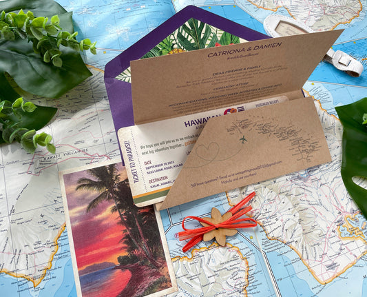 Retro Hawaiian Airlines Boarding Pass Wedding Invitation (Kauai, HI)