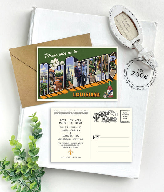 Save the Date - New Orleans, Louisiana (Green and Orange) - Vintage Large Letter Postcard