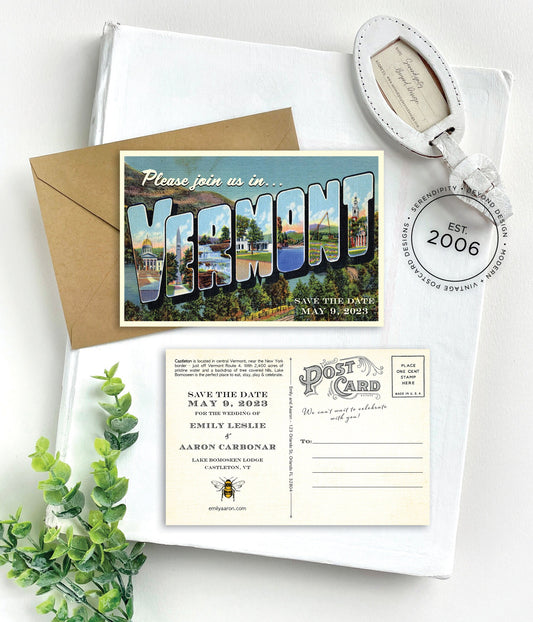 Save the Date - Summer in Vermont - Vintage Large Letter Postcard