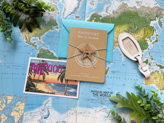 Vintage Passport Destination Wedding Invitation (Playa del Carmen - Mexico)