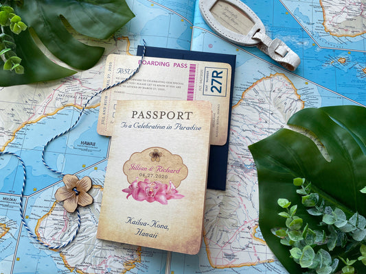 Vintage Hibiscus Passport Wedding Invitation (Hawaii)